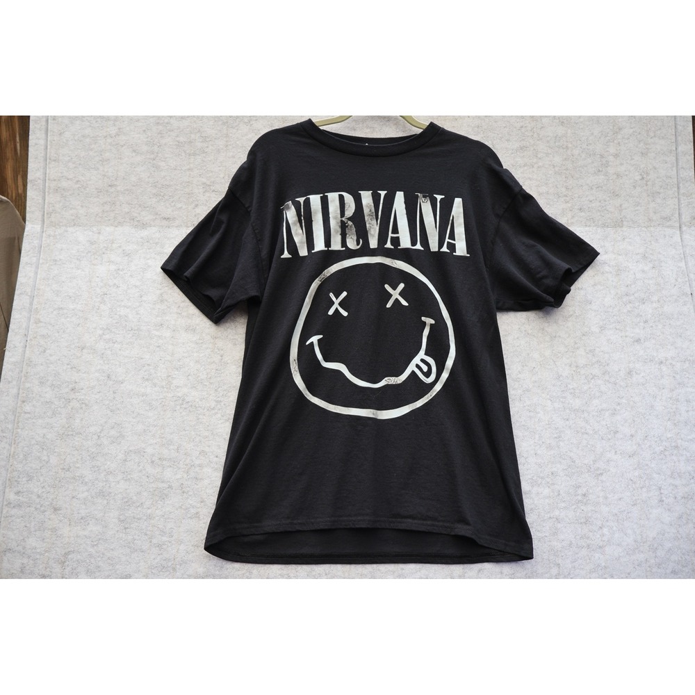 Nirvana Smiley Face Graphic T-Shirt Mens Large Black Heavy Cotton Band Tee L